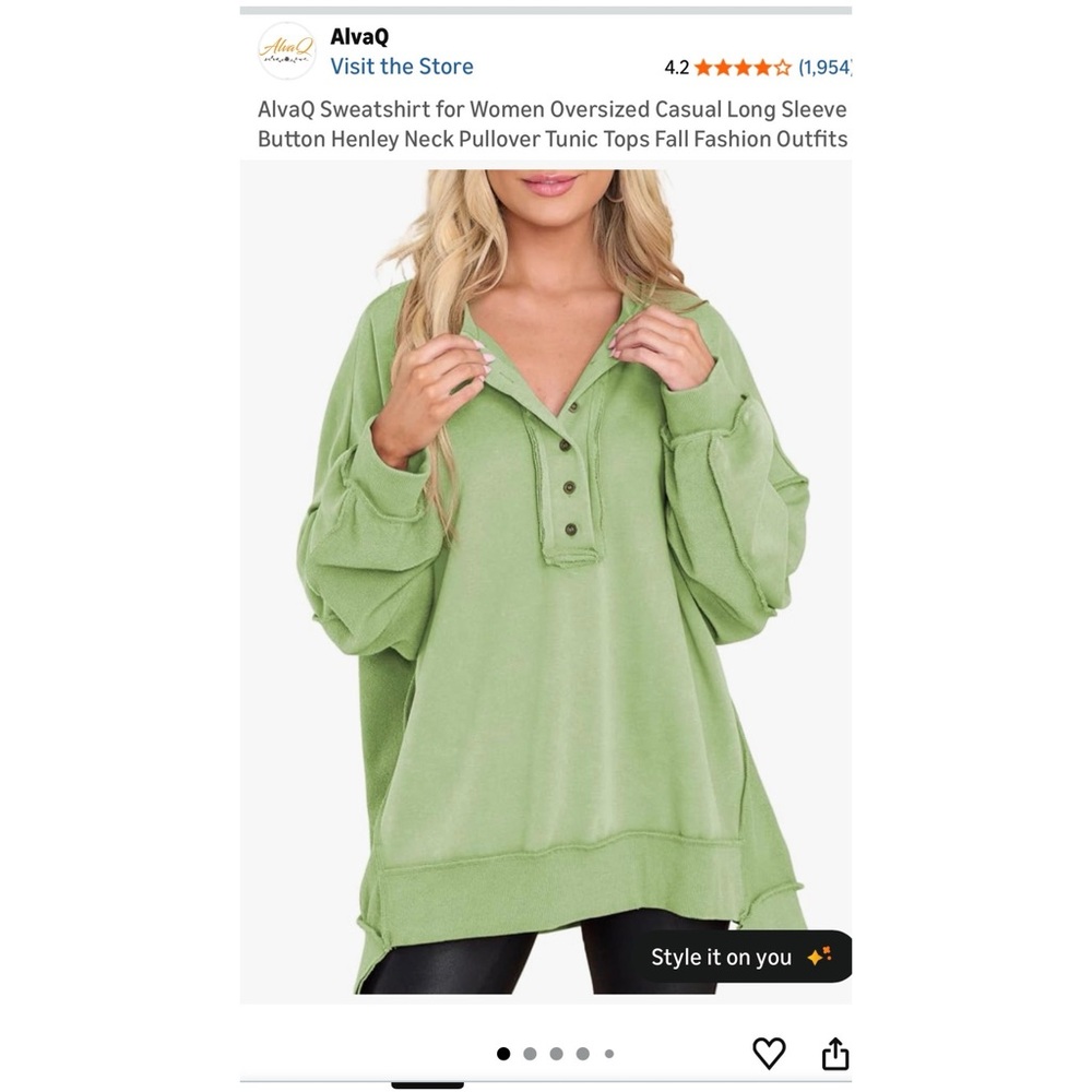 Green Oversized Button-Up Henley Tunic Shirt, Size Large